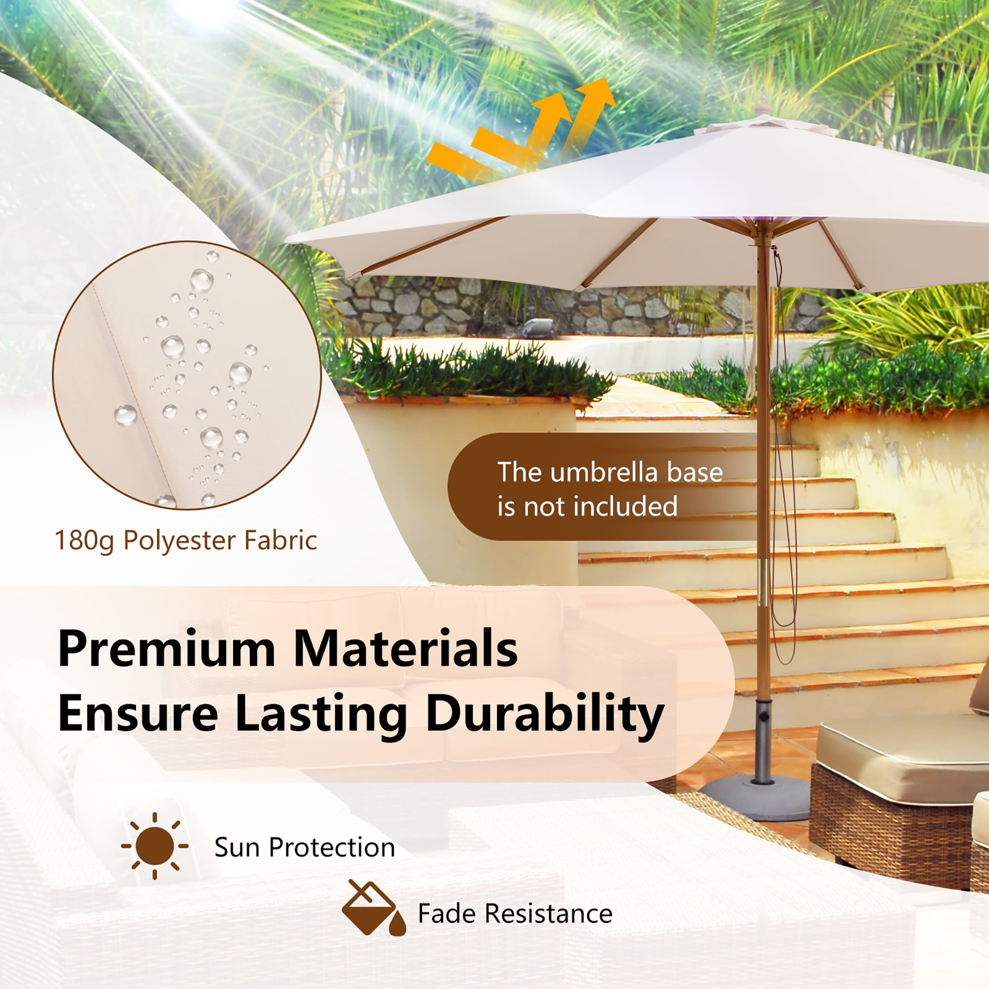 Costway 10FT Patio Wooden Market Table Umbrella Pulley w/8 Bamboo Ribs Sunshade Canopy Beige
