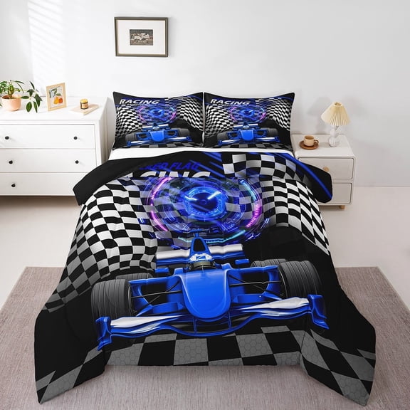 Erosebridal Blue Car Bedding Twin Comforter Set,Extreme Sport Down Comforter,Geometric Buffalo Bedding Sets Twin with Comforter,Breathable Automobile Room Decor,Reversible,3pcs