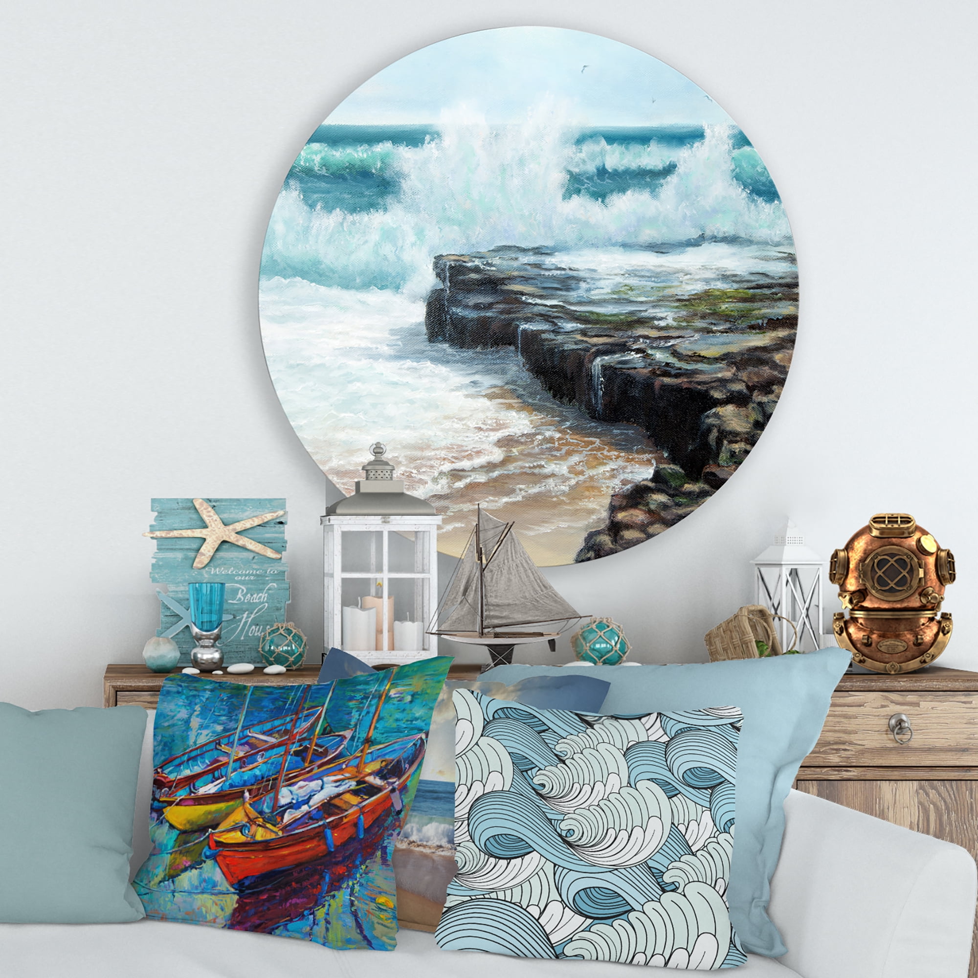 Designart 'Wild Ocean Waves Breaking On The Shore' Nautical & Coastal Circle Metal Wall Art 29x29 - Disc of 29