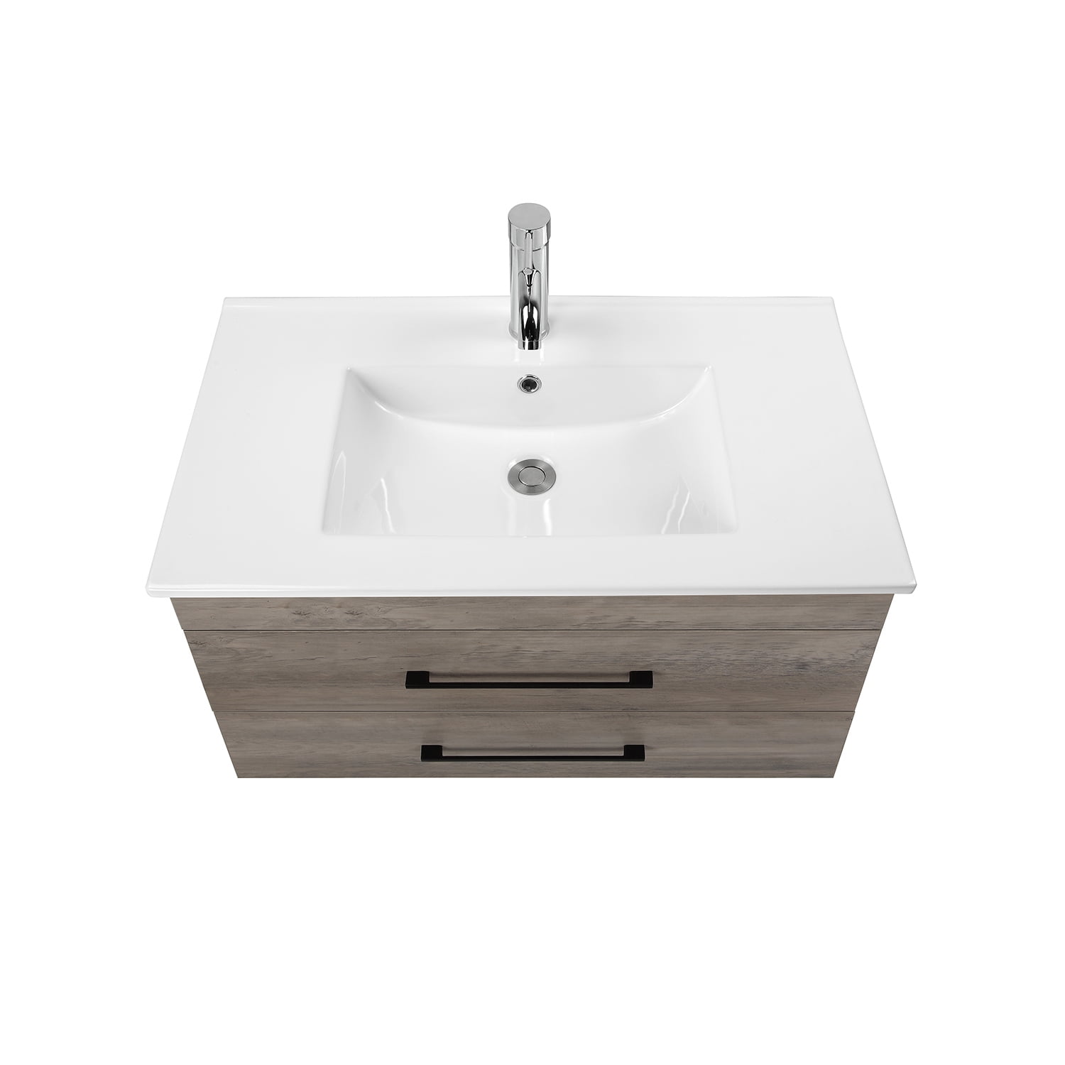 Demi Bonn 32" Wood Grain Wall-Mounted Bathroom Vanity with Ceramic Sink and 2 Soft-Close Drawers, Faucets and Drains Not Included, Gray