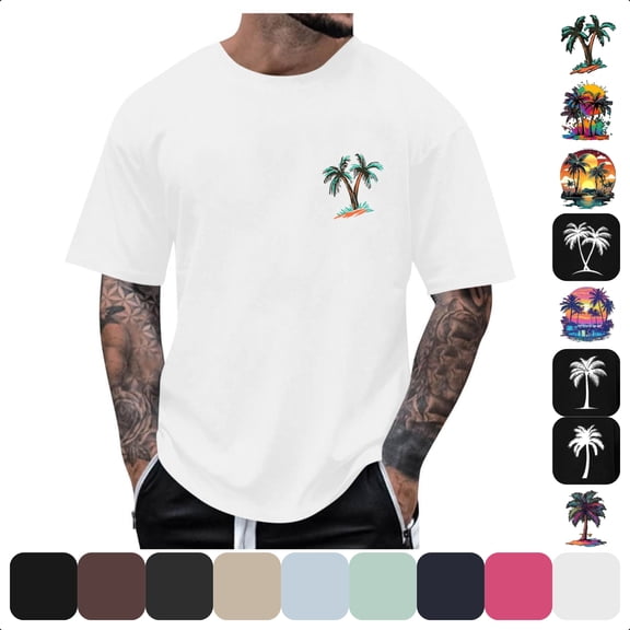 Rvwovn Men's Short Sleeve Graphic T-Shirt, Hawaiian Tropical Tree Printed Summer Casual Tee