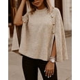 thumbnail image 3 of CHICME Fall Sweaters for Women Knit Gold Button Mock Neck Batwing Sleeve Cape Style Tops Loose Fit Side Slit Pullover khaki-L, 3 of 9