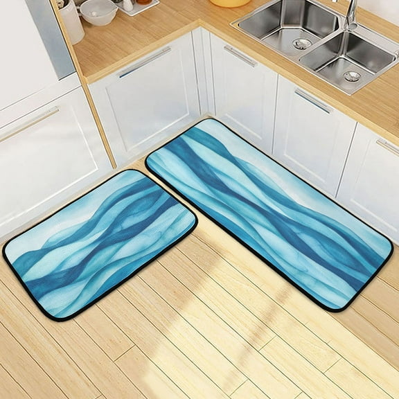 Watercolor Waves Pattern 2 Piece Non Slip Kitchen Mat Set with Soft Memory Foam Padding