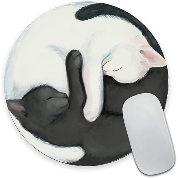 Round Mousepad, White and Black Cat Mouse Pad, Premium-Textured Small Mouse Mat with Waterproof Non-Slip Rubber Base for Laptop Computer Office Desk Accessories,7.9 x 7.9