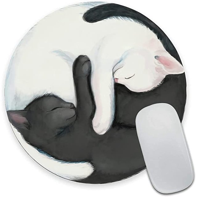 Round Mousepad, White and Black Cat Mouse Pad, Premium-Textured Small Mouse Mat with Waterproof Non-Slip Rubber Base for Laptop Computer Office Desk Accessories,7.9 x 7.9