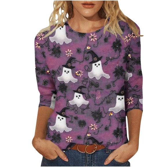 Women's Halloween Tee 3/4 Sleeve Crew Neck Ghost Pumpkin Graphic Shirts Plus Size Casual Cute Pullover Tops Loose Fit (XL, Purple)