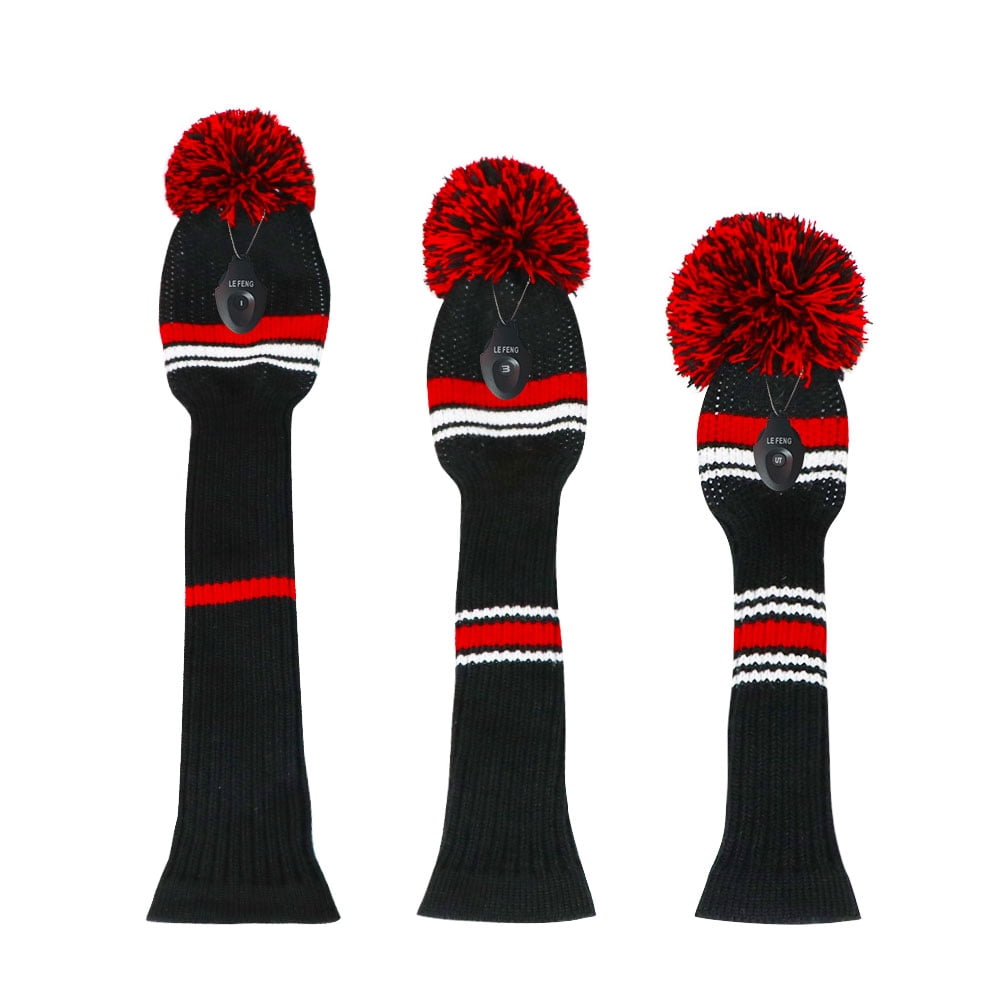 LeFeng 3Pcs Golf Club Head Covers Set Knitted Golf Head Covers for 460cc Driver Fairway Woods and Hybrid with Cute Pom Pom and Number Tag