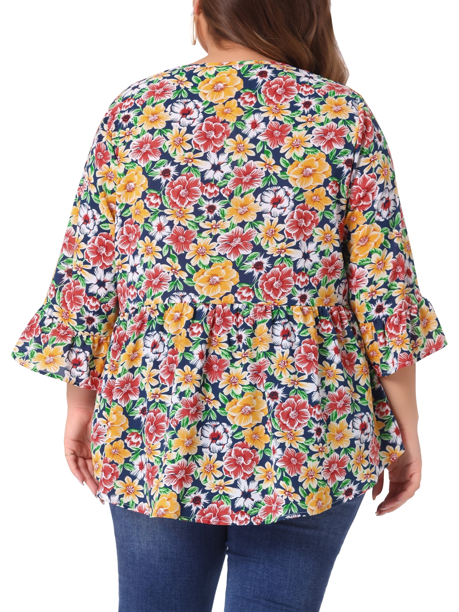 Women's Plus Floral Blouses V Neck Ruffle 3/4 Sleeve Babydoll Peplum Tops 3X Yellow