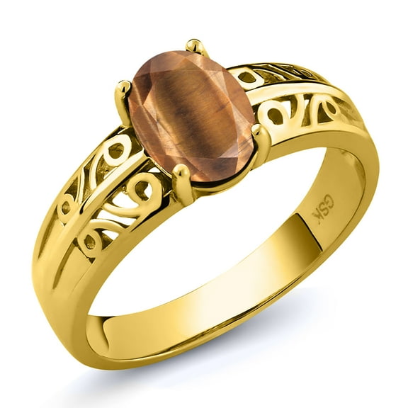 Gem Stone King 1.25 Ct Oval Brown Tiger Eye 18K Yellow Gold Plated Silver Ring (Size 7)