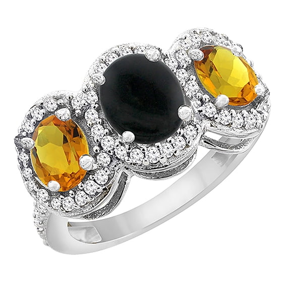 10K White Gold Natural Black Onyx & Citrine 3-Stone Ring Oval Diamond Accent, size 5.5