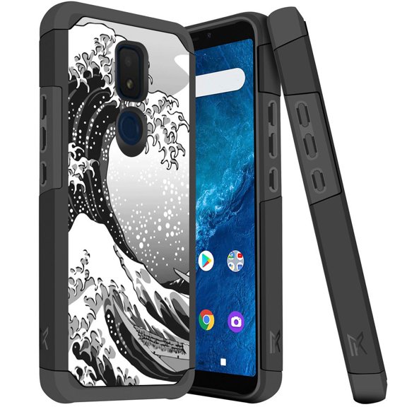 ANJ  Dual Layer Shockproof Hybrid Case   [Tempered Glass] Cover for Cricket Icon 3, Splendor, AT&T Motivate 2 - Japanese Waves