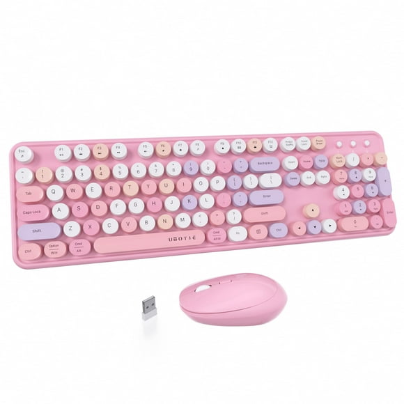 UBOTIE Colorful Computer Wireless Keyboard Mice Combo, Retro Typewriter Flexible Keys Office Full-Sized Keyboard, 2.4GHz Dropout-Free Connection and Optical Mouse (Pink-Colorful)