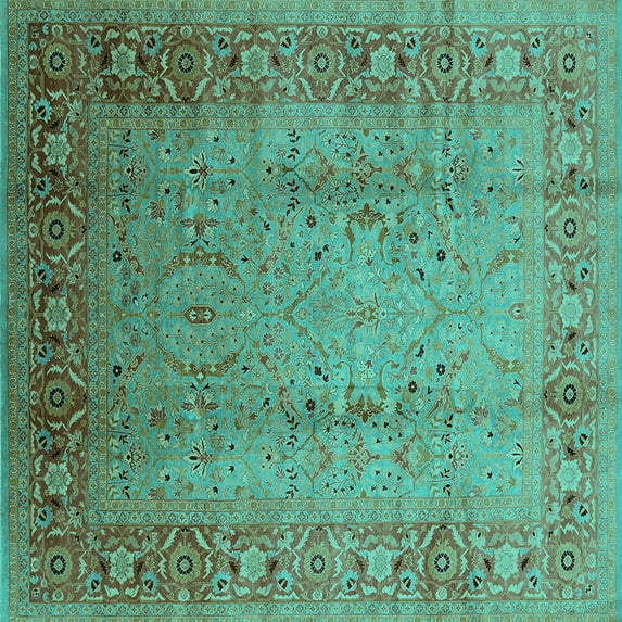 Ahgly Company Machine Washable Indoor Square Oriental Turquoise Blue Traditional Area Rugs, 3' Square