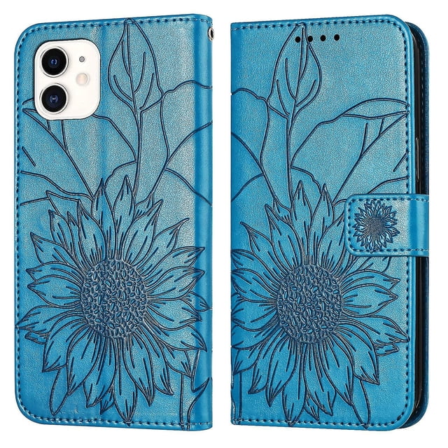 Funda tipo cartera con girasoles grabados para iPhone 11, multifuncional, elegante y con protección total.