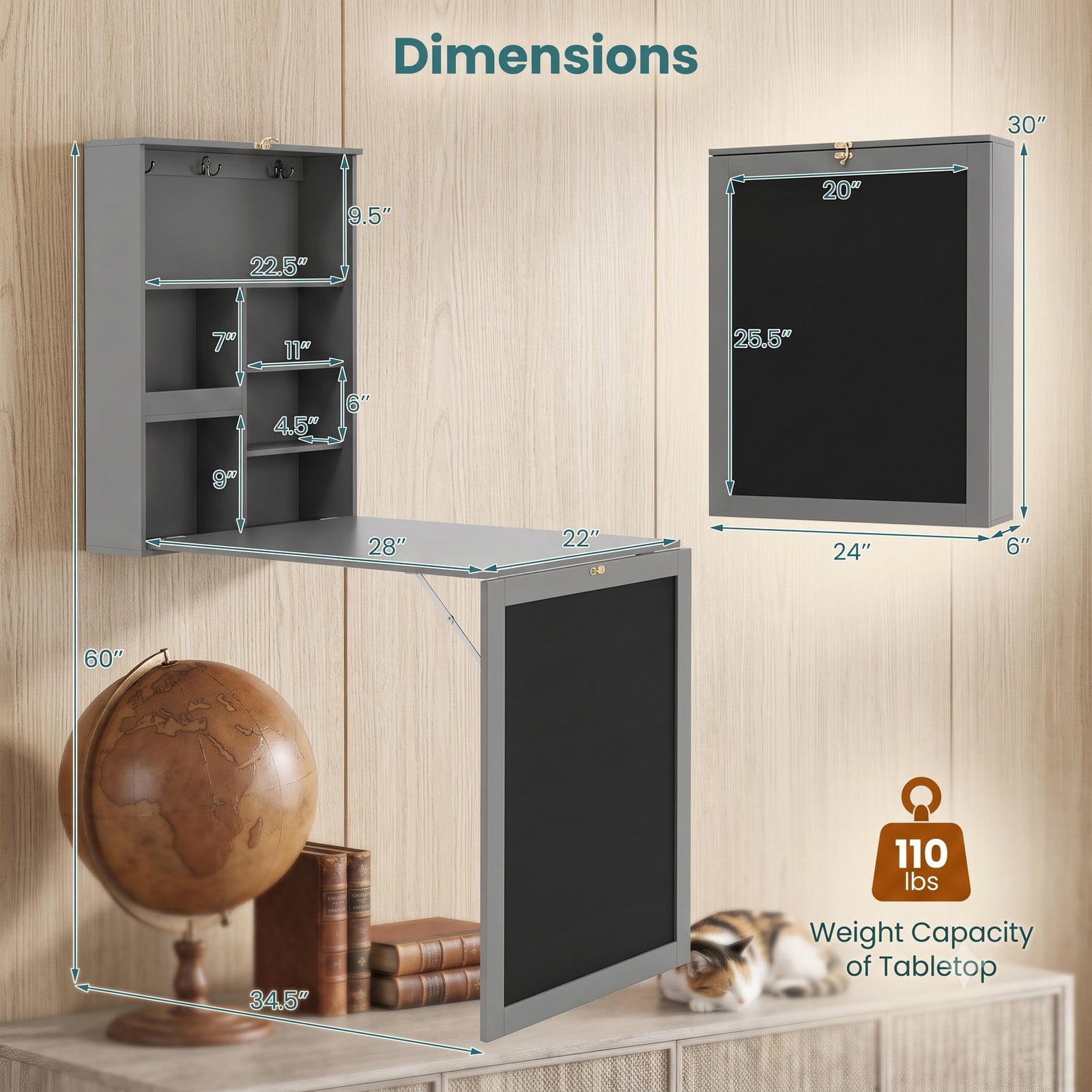 Furnibear Convertible Wall Mounted Folding Table with Chalkboard, Fold Down Space Saving Wall Desk with 6 Storage Cubes and 3 Hooks for Kids Study Home Office, Gray