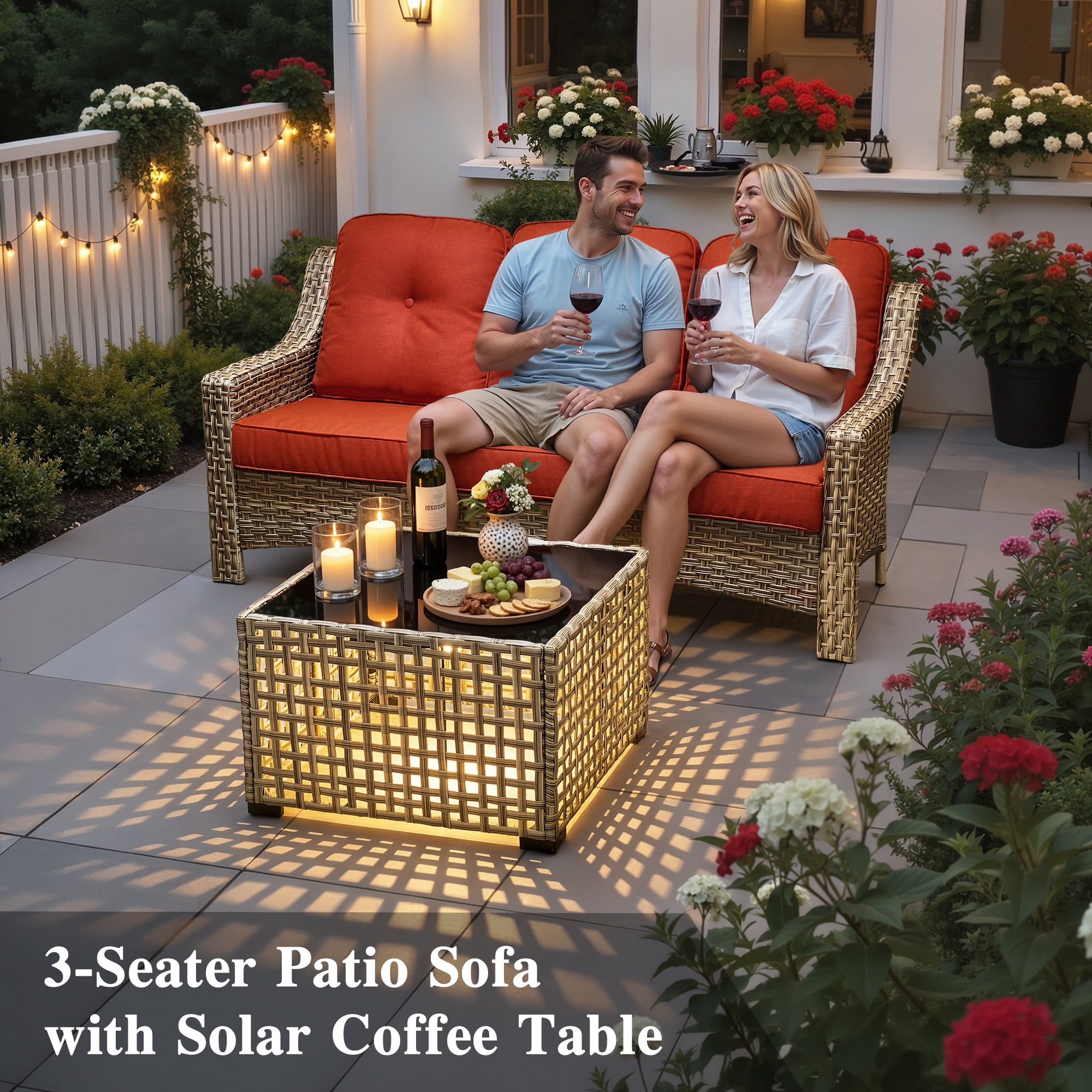 Ovios 5 Pieces Outdoor Patio Furniture Set High-Back Rattan Wicker Conversation Set Outdoor Sectional with Swivel Chairs & Solar Light Coffee Table, Coarse Orange Red