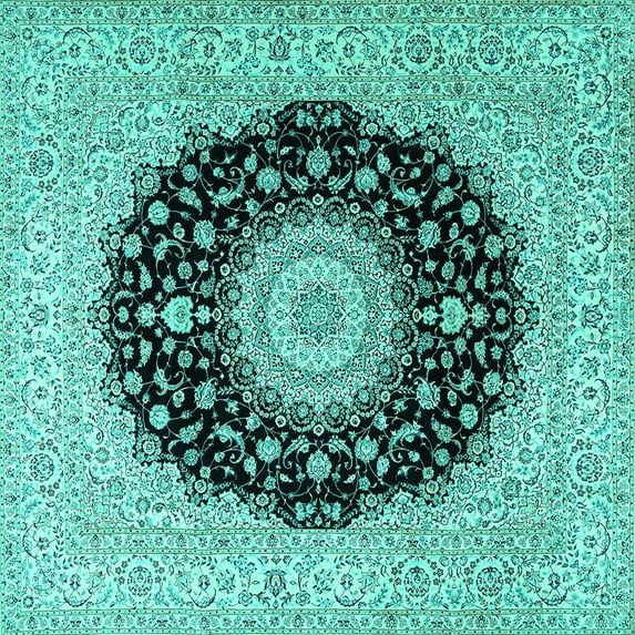 Ahgly Company Machine Washable Indoor Square Medallion Turquoise Blue Traditional Area Rugs, 4' Square