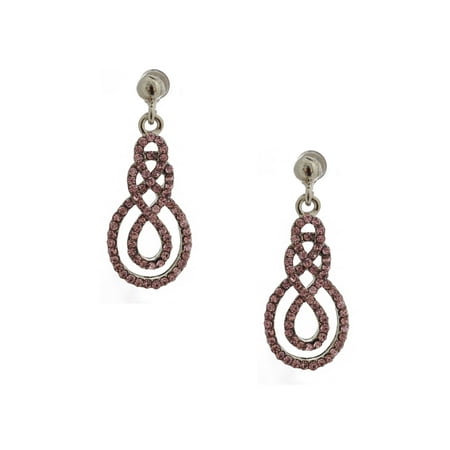 Double Teardrop Earrings - Rhodium Light Rose Rhinestone Double Infinite Teardrop Shaped Dangle Earrings