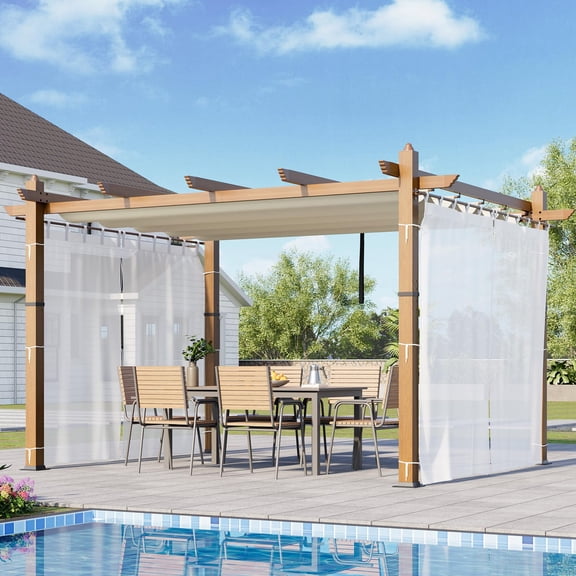 10x13 ft Modern Aluminum Pergola with Retractable Canopy and Side Mesh, Faux Wood Grain Patio Gazebo with Mosquito Netting & UV Protection for Backyard, Deck & Garden, Beige/White