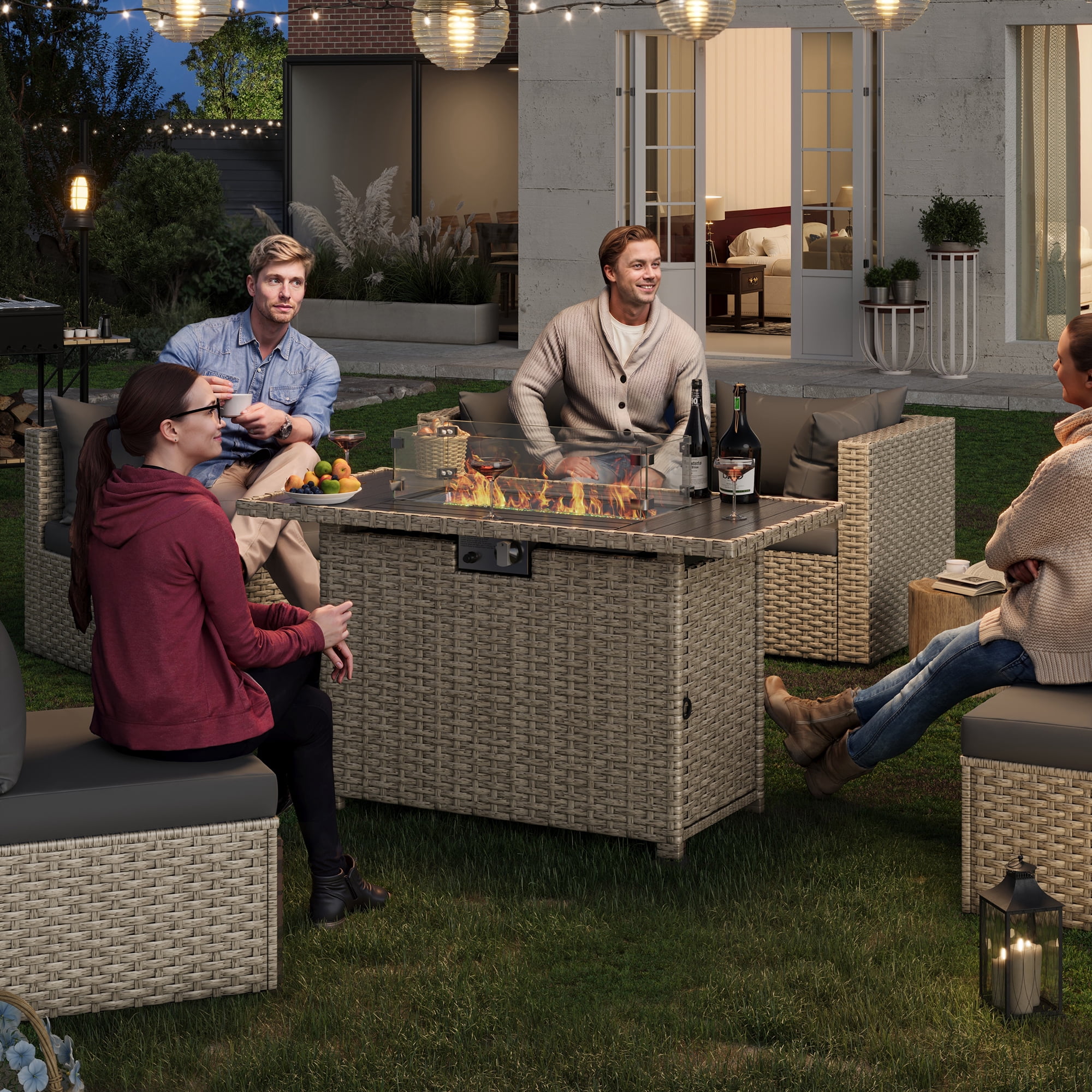 MRUAKA Outdoor Patio Furniture Set, 8-Piece Modular Sectional Sofa With Tea Table、Gas stove table and Free Cushion, PE Wicker Outdoor Conversation Set for Patio, Garden, Backyard,gray