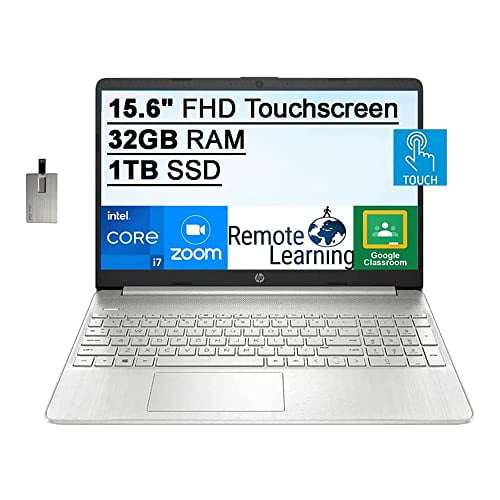 HP 2021 15.6" FHD Touchscreen Laptop Computer, 10th Gen Intel Core i7-1065G7, 32GB RAM, 1TB SSD, Intel Iris Plus Graphics, HD Audio, HD Bluetooth, Windows 10, Silver, 32GB SnowBell USB Card -