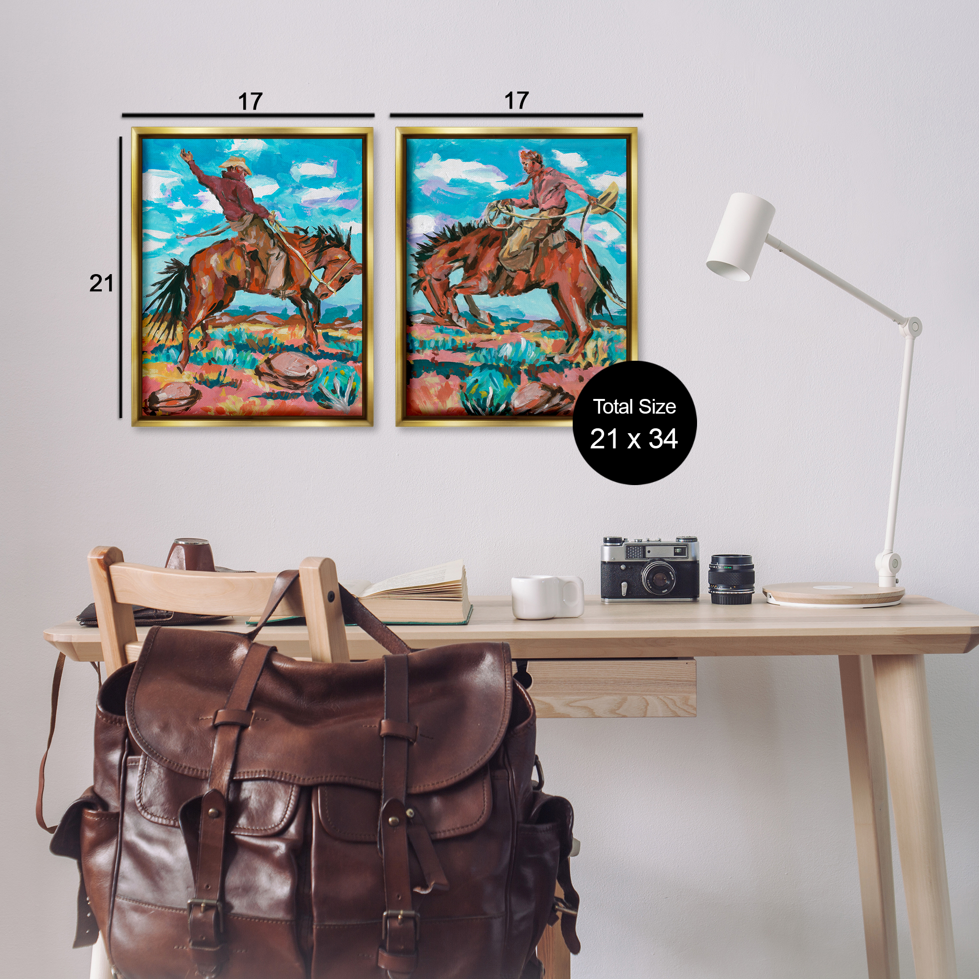 Stupell Industries Rustic Cowboys in Desert Entertainment Painting Gold Floater Framed Canvas Art Print Wall Art, 17 x 21, Set of 2
