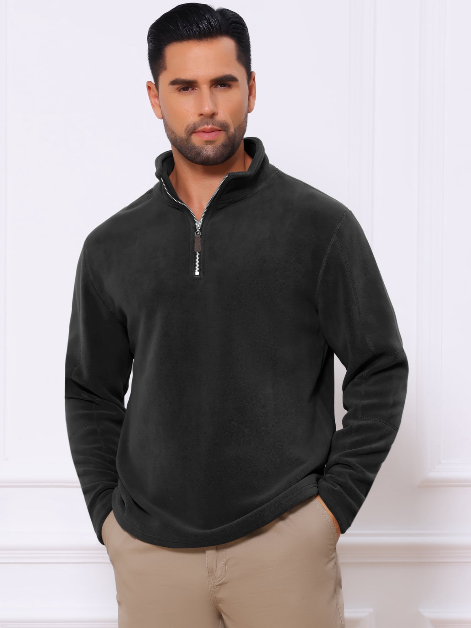 DARING DIVA Men's Solid Stand Collar Half-Zip Long Sleeve Fleece Sweatshirt M Black