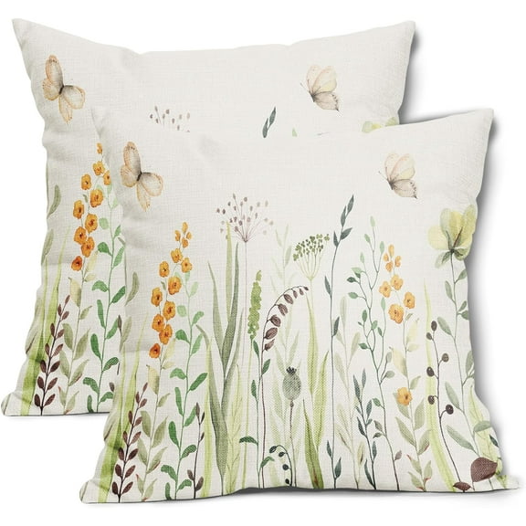 Spring Summer Floral Pillow Covers 16X16 Inch Yellow Flowers Green Leaves Butterfly Decorative Pillow Cases Set of 2 Cotton Linen Throw Pillows Farmhouse Home Decor For Sofa Couch Cushion Outdoor