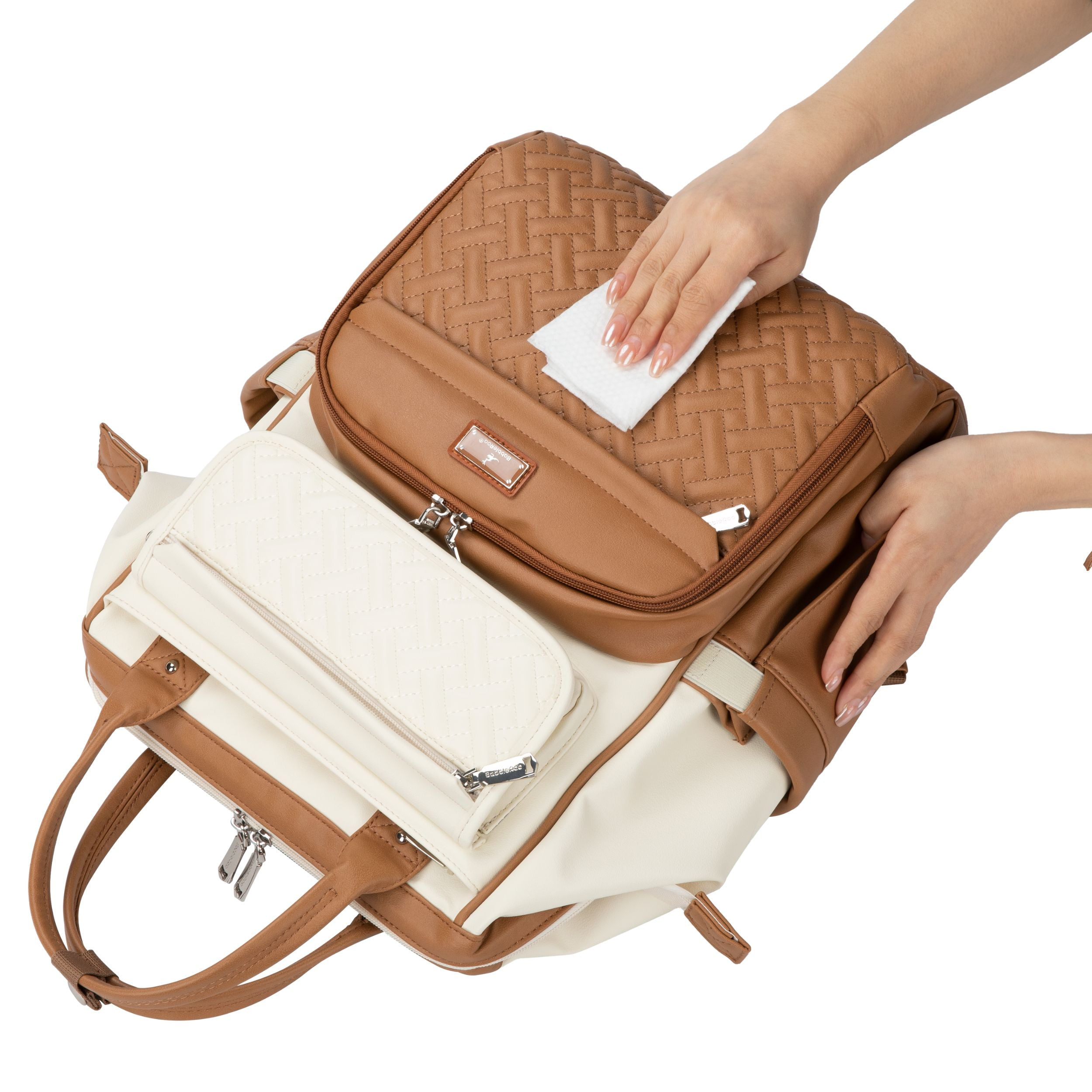 BabbleRoo Widetop Waterproof Diaper Backpack with Insulated Bottle Pockets, Vegan leather- Caramel Cream