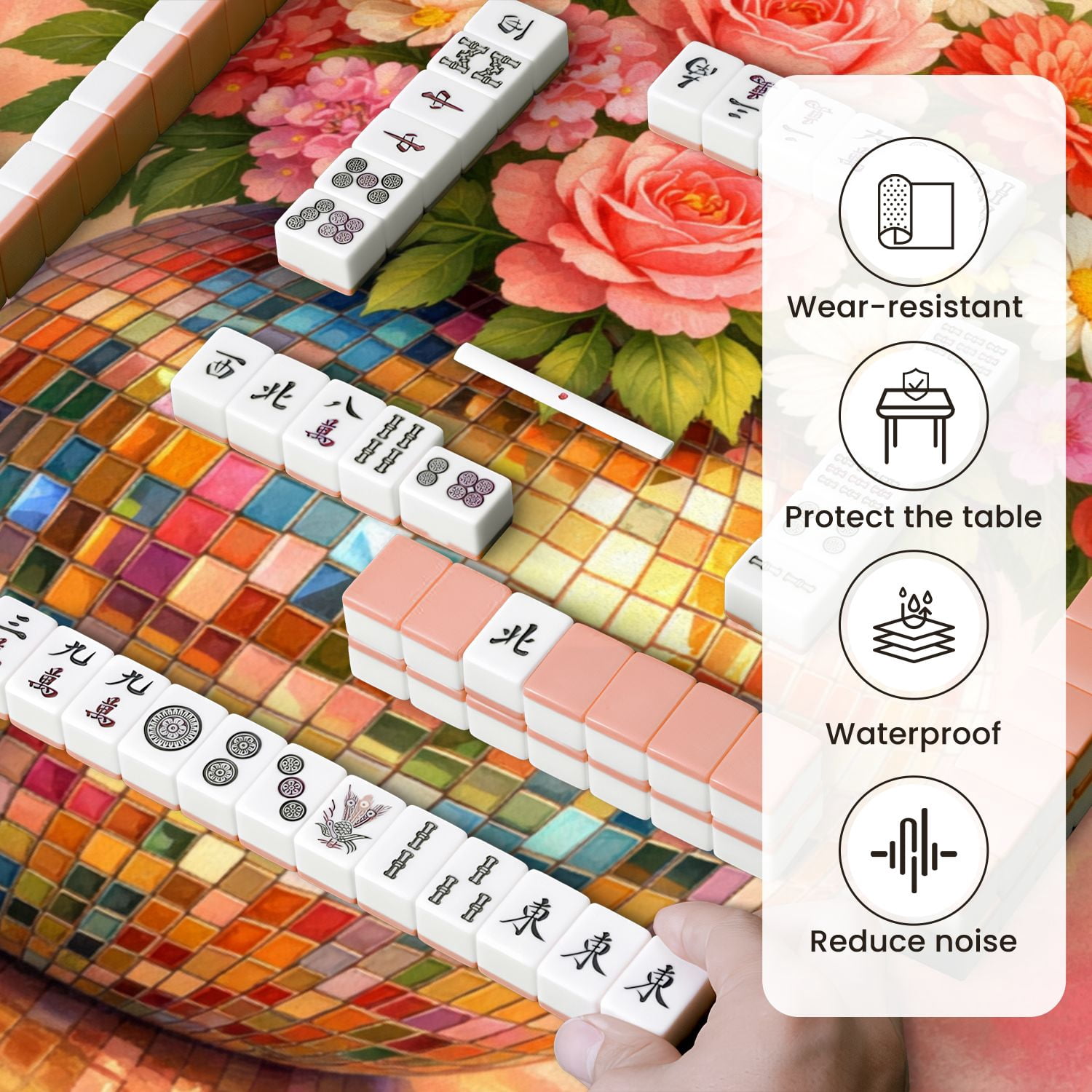 Mahjong Mat 31.5" x 31.5" Colorful Floral Bouquet Mosaic Vase Vibrant Blossoms Non-Slip Noise Reduction Mahjong Tiles Table Cover for Dominoes Poker Card Board and Tile Games