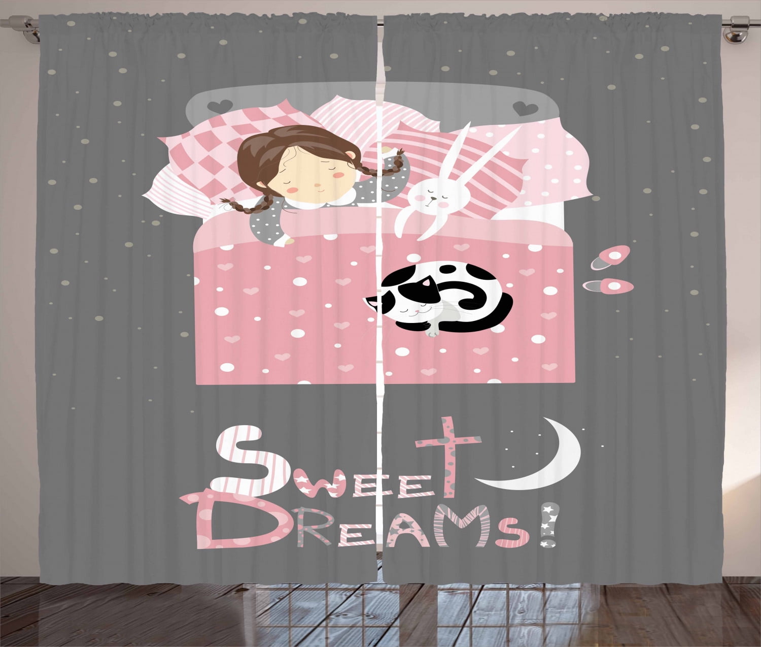 Sweet Dreams Curtains 2 Panels Set, Girl Sleeping with a Bunny and a Cat Cartoon Style Night Time Themed Image, Window Drapes for Living Room Bedroom, 108W X 108L Inches, Multicolor, by Ambesonne