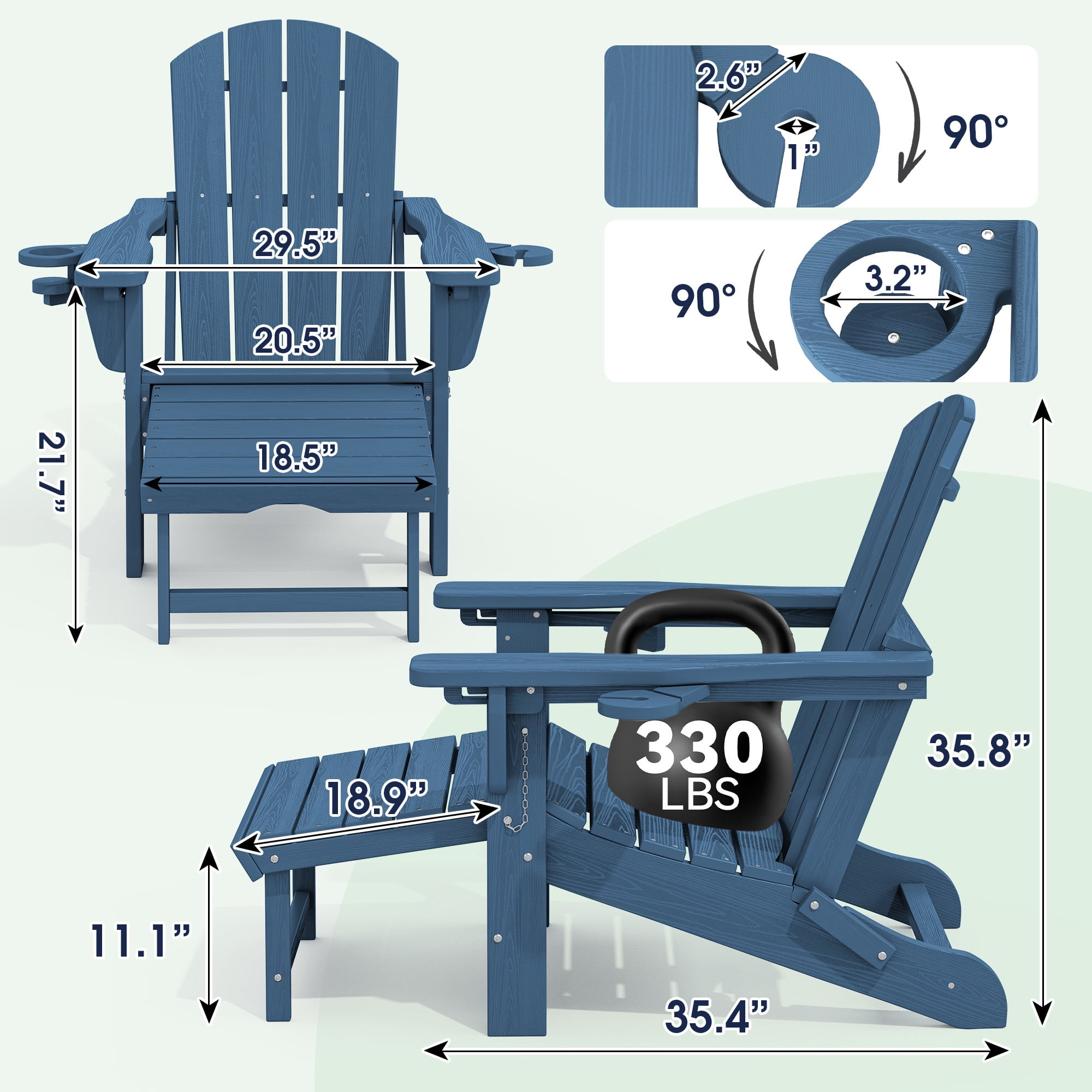 SERWALL Adjustable Folding Adirondack Chair with Footrest & Dual Cup Holders, HDPE Foldable Multifunctional Adirondack Chair with Ottoman for Patio, Outdoor, Garden, Blue