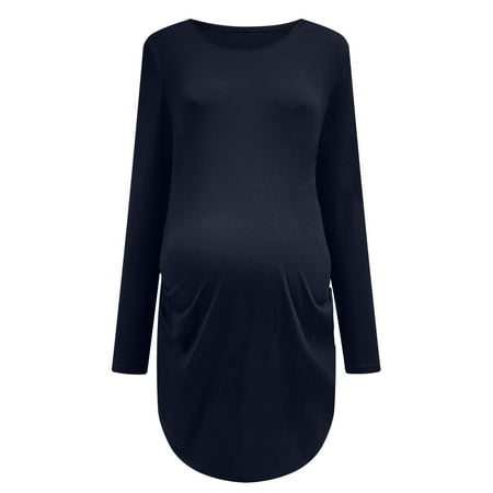 

asdoklhq Pregnant Clothes Clearances Maternity Casual Round Neck Solid Color Long-Sleeve Side Ruched Buttons Long Blouse Tops T-Shirt