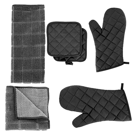 

Kitchen Towels - Set Includes: 2 Oven Mitt 2 Microfiber Scrubber 2 Pot Holders 1 Kitchen Towel Black