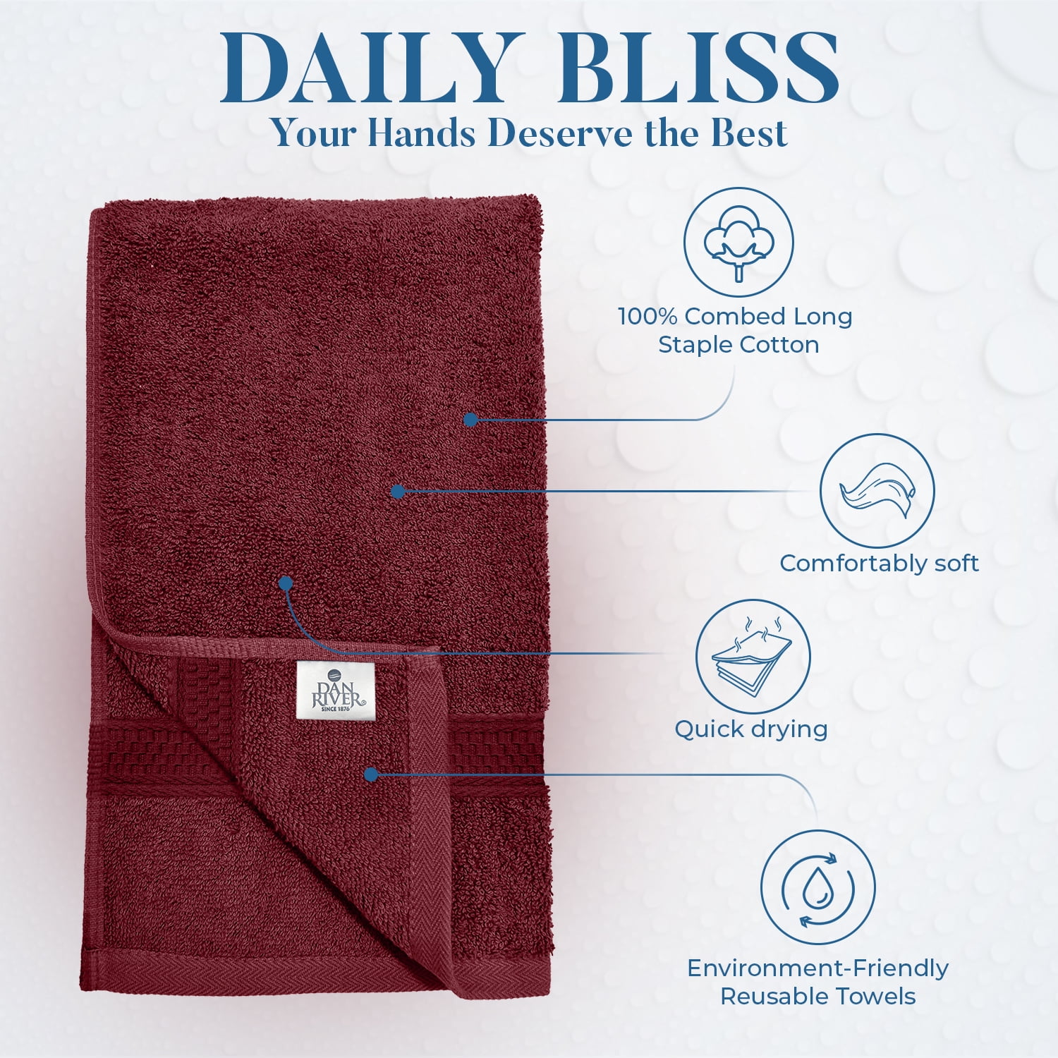 Dan River Hand Towel pack of 6 Quick Dry And Absorbent Cotton Towels for Bathroom - Burgundy 16x28in