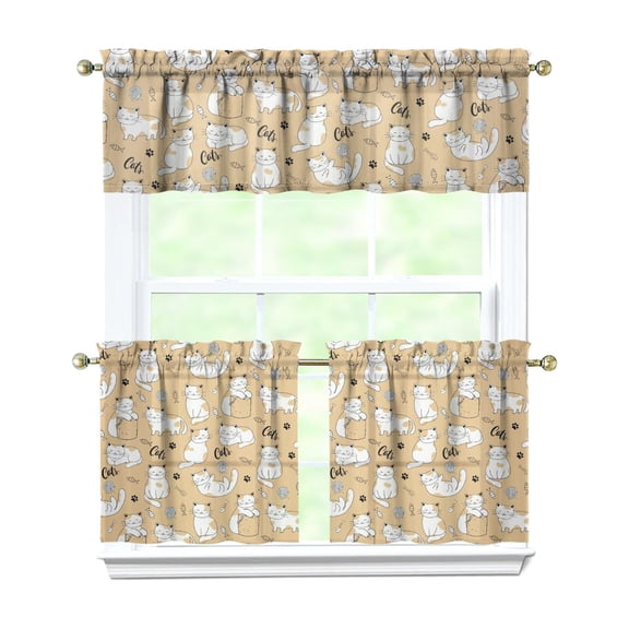 Kitchen Curtains 24 Inch Short - 3 Panel Set with Cute Cat Paw Pattern, Rod Pocket Window Curtain, 100% Polyester for Pet Lovers Farmhouse, Cafe, Kitchen, Bedroom, Easy Wash