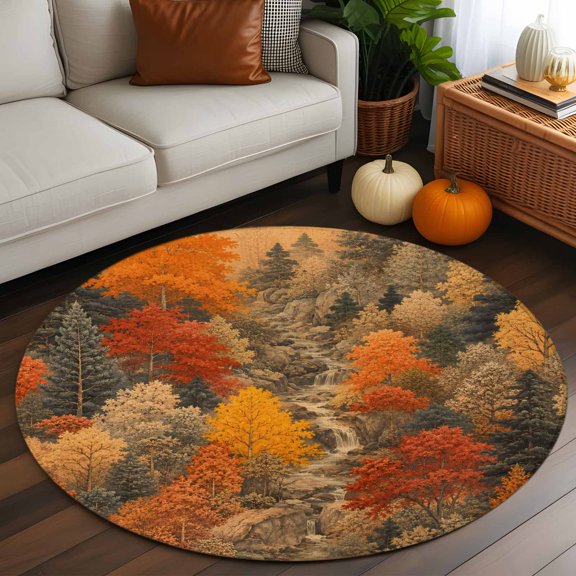 Orange Forest Fall Round Area Rug 4 FT, Non Slip Indoor Outdoor Rug, Thanksgiving Nature Autumn Washable Soft Circular Carpet Non-Shedding Floor Mat for Coffee Table Nursery Foyer Balcony
