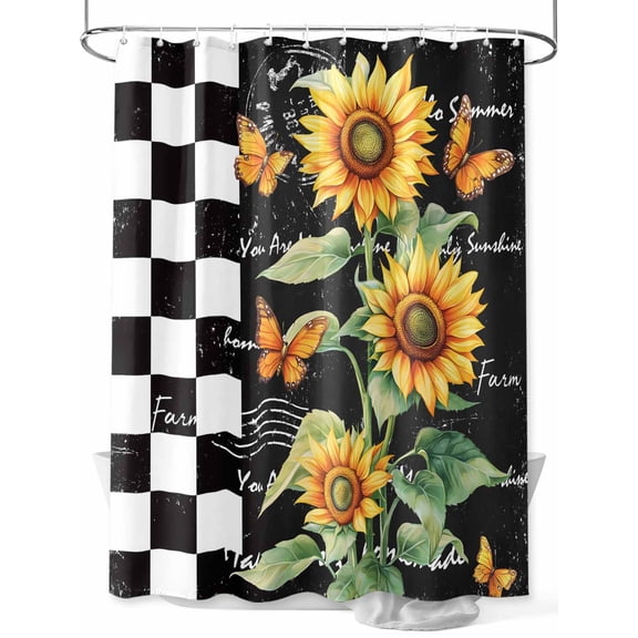 Vintage Sunflower Butterfly Shower Curtain, Farmhouse Black White Checkered Plaid Bathroom Decor Curtains Set with Hooks, Waterproof Fabric Home Accessories， Stall 48 X 72 Inch