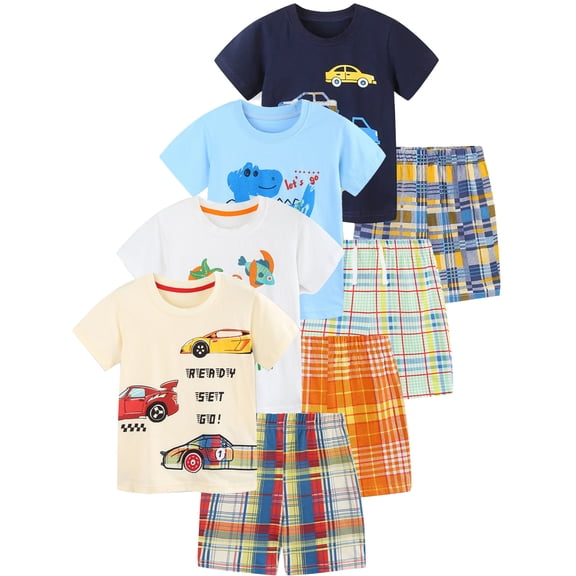 WIBACKER 100% Cotton 2-Piece Summer Pajamas for Kids Boys Sleepwear Top and Plaid Shorts Toddler Boy Cars Pjs Set 2-7T