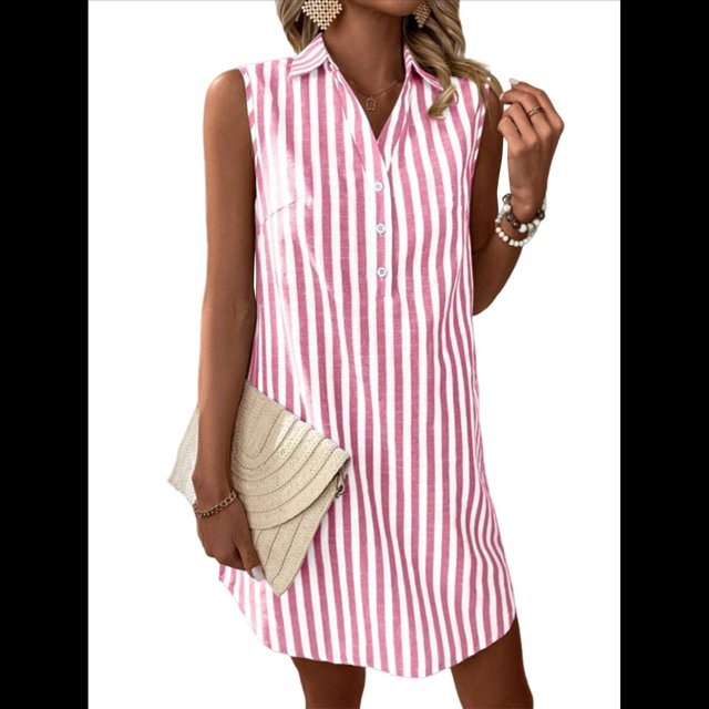 Vestidos de Verano para Mujer, Cuello en V, Sin Mangas, A Rayas, con Botones, Minivestido Informal Vino Tinto S
