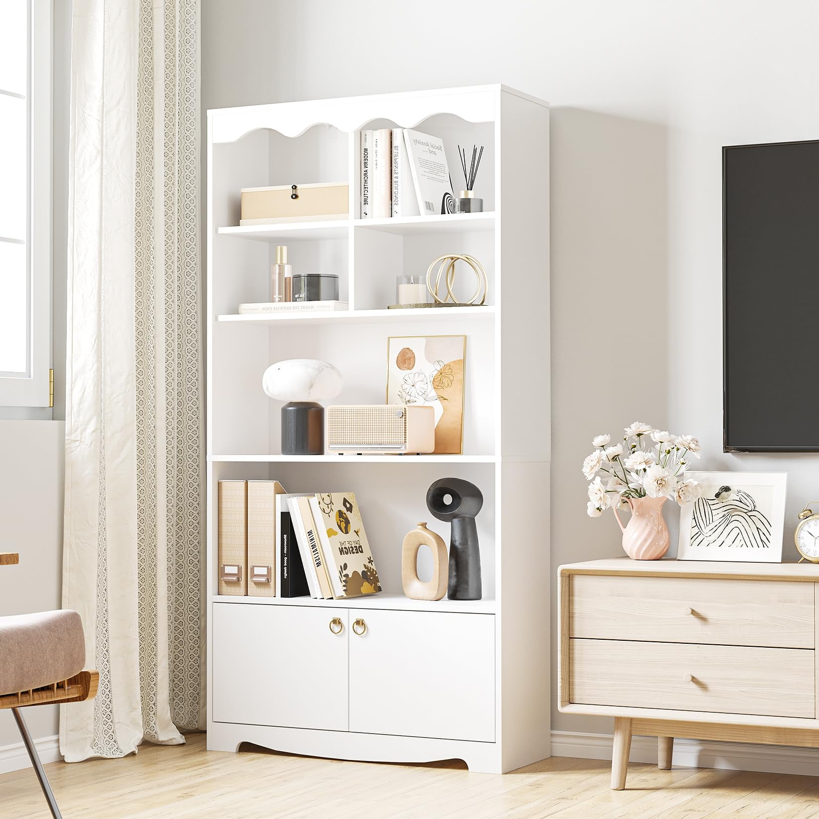 63 Inch Tall Bookshelf with Open Storage Shelves & Doors, 5-Tier  Modern Wooden Floor Standing Display Storage Shelves, Home Decor Furniture for Office, Living Room, Bedroom