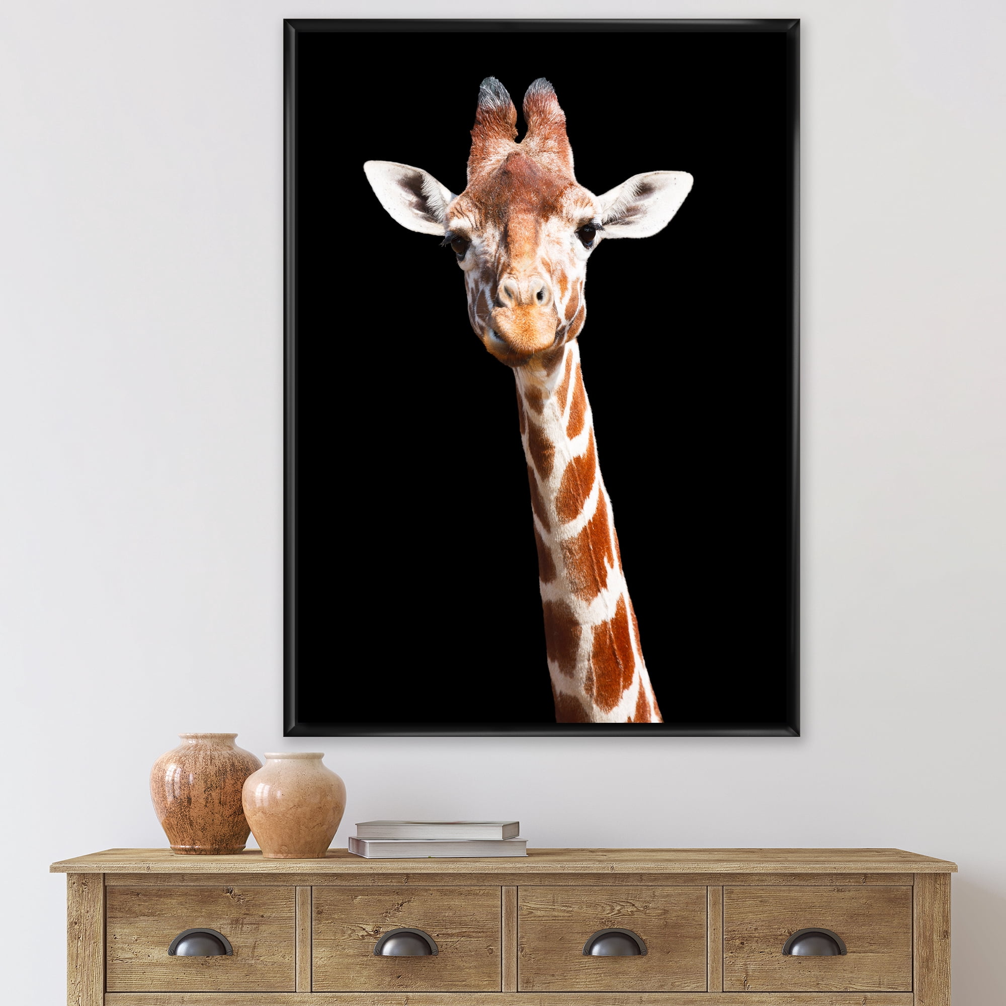 Close Up Portrait Of A Giraffe On Black V 12 in x 20 in Framed Painting Canvas Art Print, by Designart