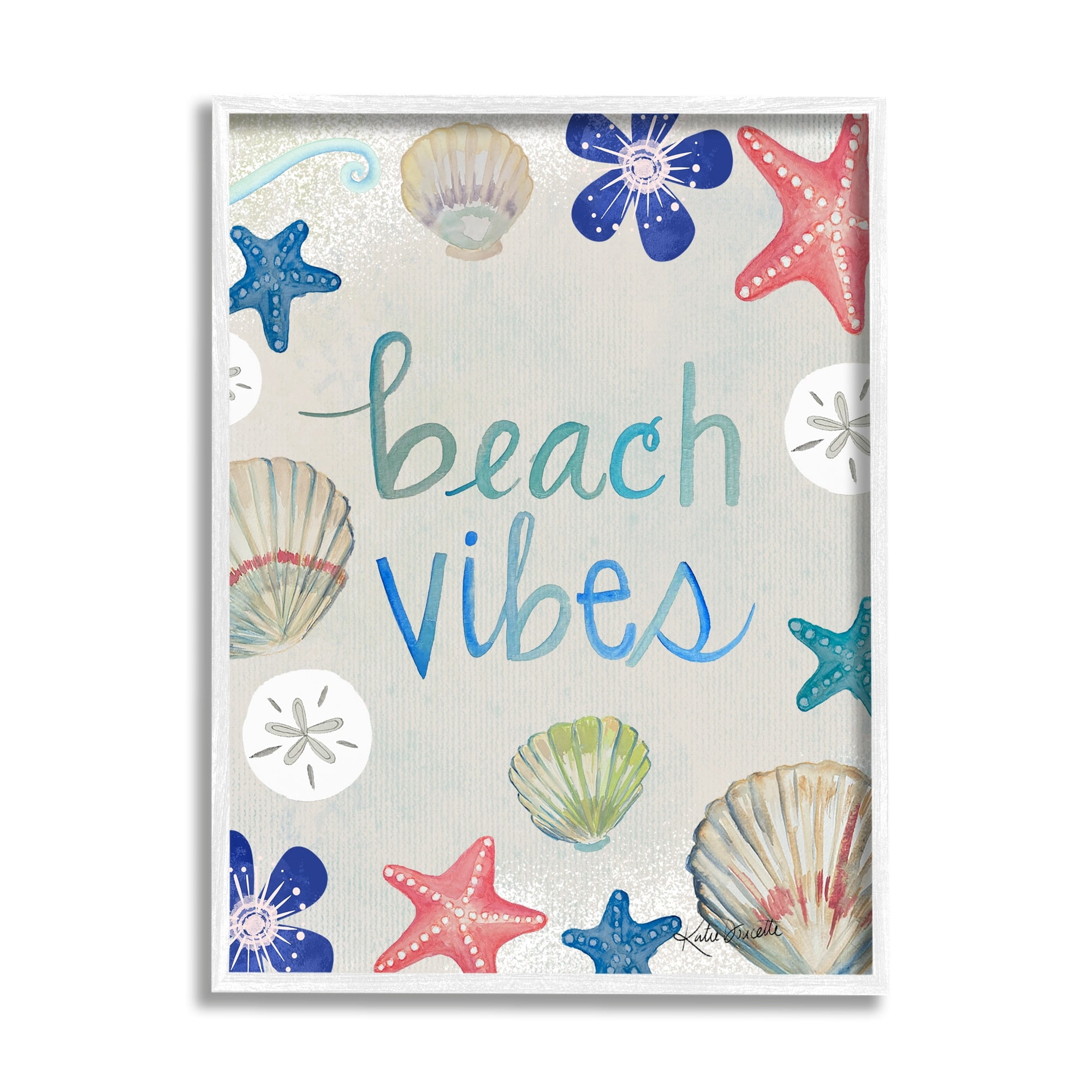 Stupell Industries Beach Vibes Calligraphy Nautical Seashell Flowers Graphic Art White Framed Art Print Wall Art, Design by Katie Doucette