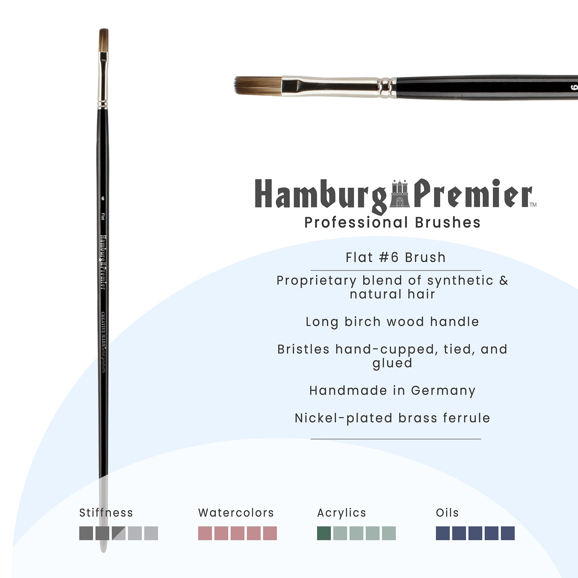 Creative Mark Hamburg Premiere Professional Oil Painting Brushes - Flat #4 Oil Paint Brush - Handmade in Germany, Natural & Synthetic Hair Blend, Long Triple-Lacquered Birch Handle