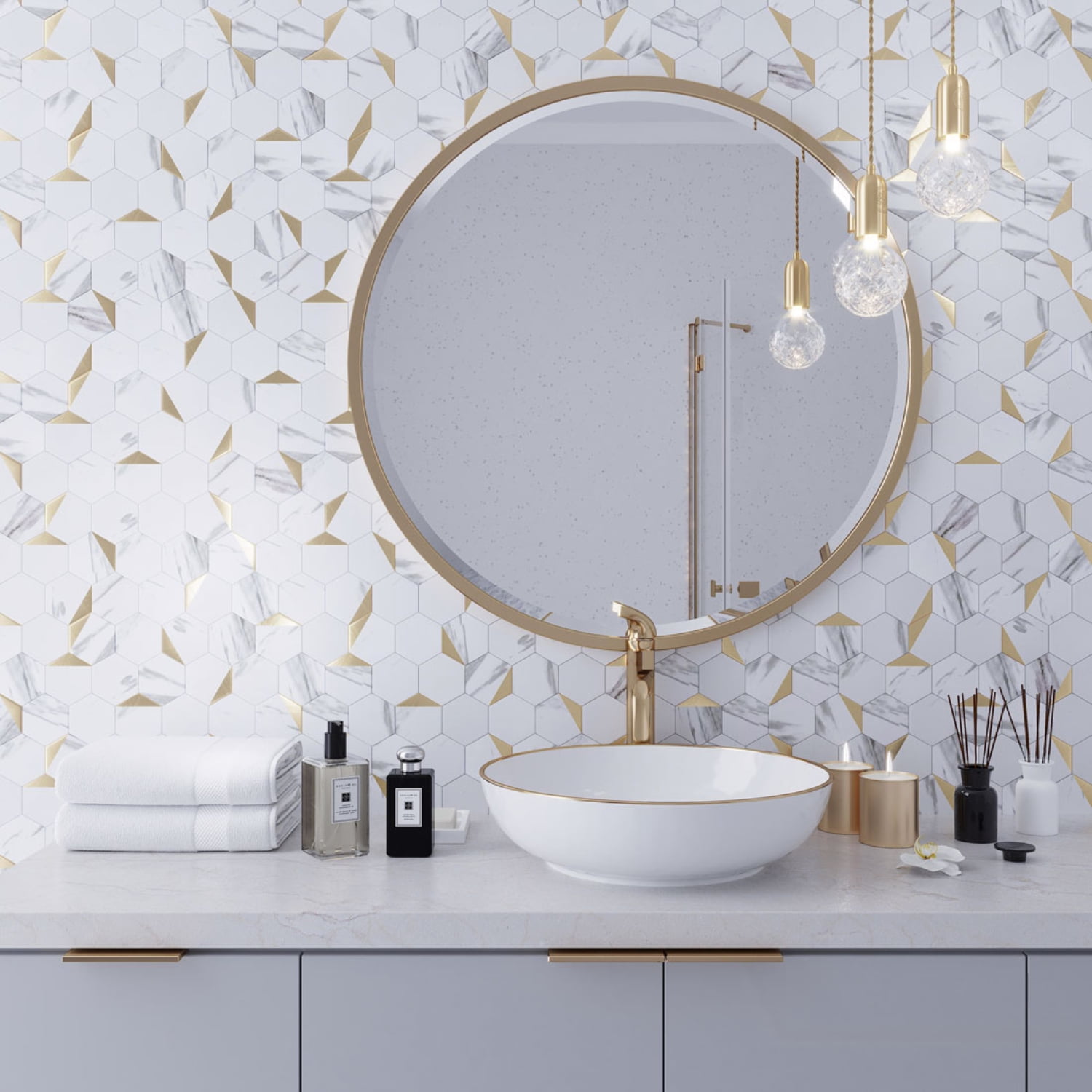 10 pack Hexagon White and Gold 11.6 in.x11.5 in. Metal Peel and Stick Backsplash Tile for Kitchen and Bathroom (8.3 sq ft/Case)