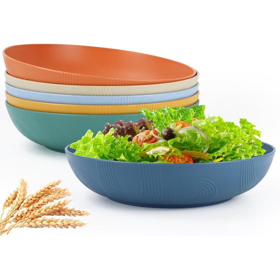 65 OZ Salad Bowls Set of 6-10 inch Serving Bowl Large Bowl Wheat Straw Plates Bowls - Dishwasher Safe Plate - Wide and Shallow Bowls for Kitchen,Pasta,Noodles - Multi Color