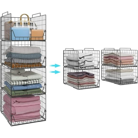 4 Pack Closet Organizers and Storage Shelves,x-Cosrack Metal Stackable Storage Basket Bins, Folded Drawer Shelf Organizer with Handle for Closet Wardrobe, Black