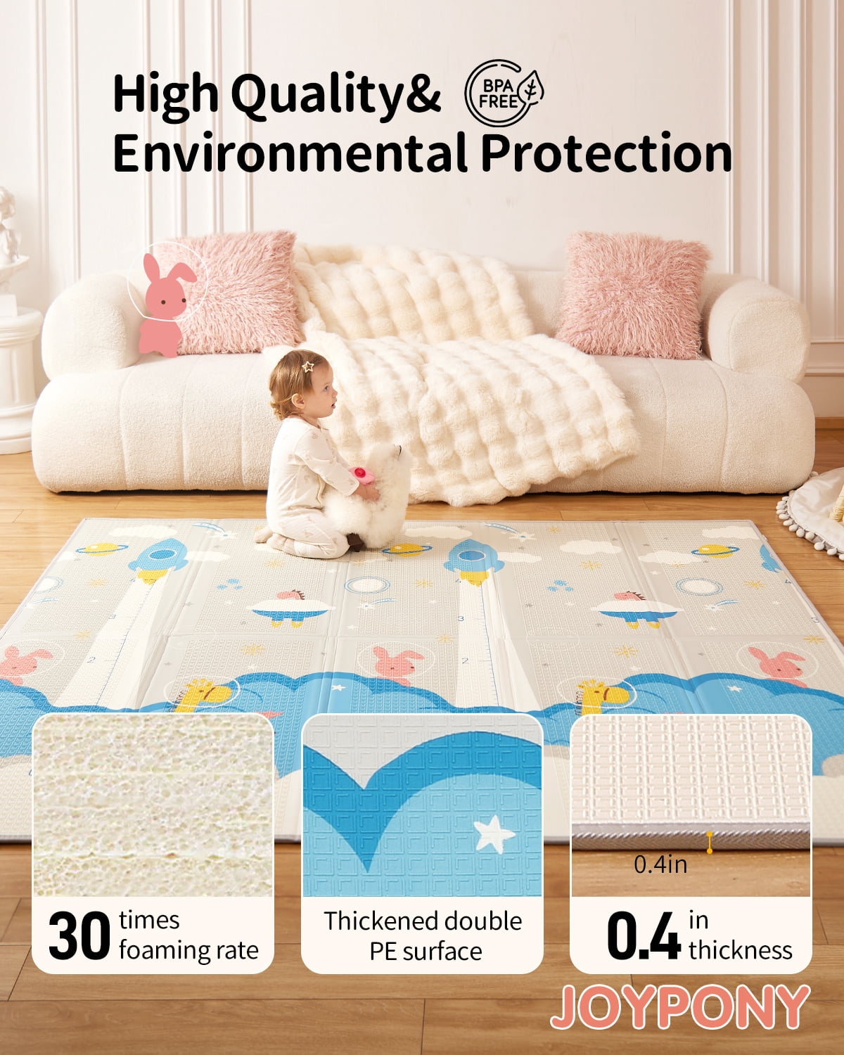 Joypony Baby Play Mat, 47 x 47 inch Reversible Waterproof Foldable Foam Mat for Tummy Time and Crawling, Anti-Slip, with Travel Bag, Indoor/Outdoor