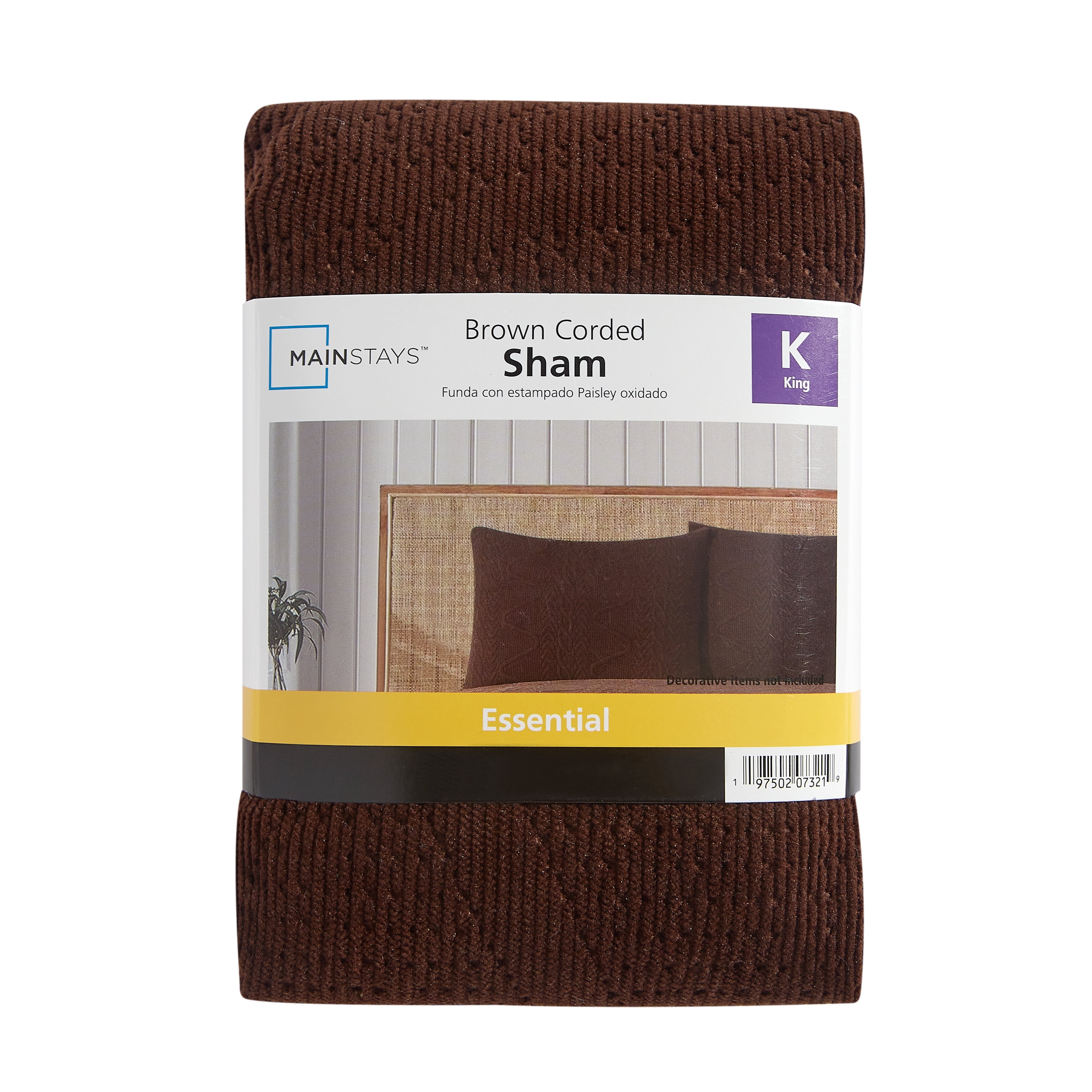 Mainstays Stitched Corded Pillow Sham, Caffeine Brown, King, 1 Pack
