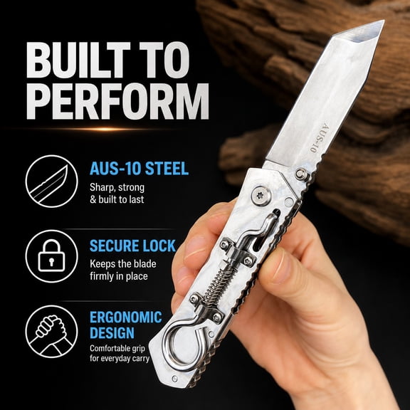 AUS-10 Steel Folding Pocket Knife, Full Stainless Steel EDC Utility Knife with Secure Lock, Tanto Blade Portable Everyday Carry Pocket Knife for Camping Household Cutting ****